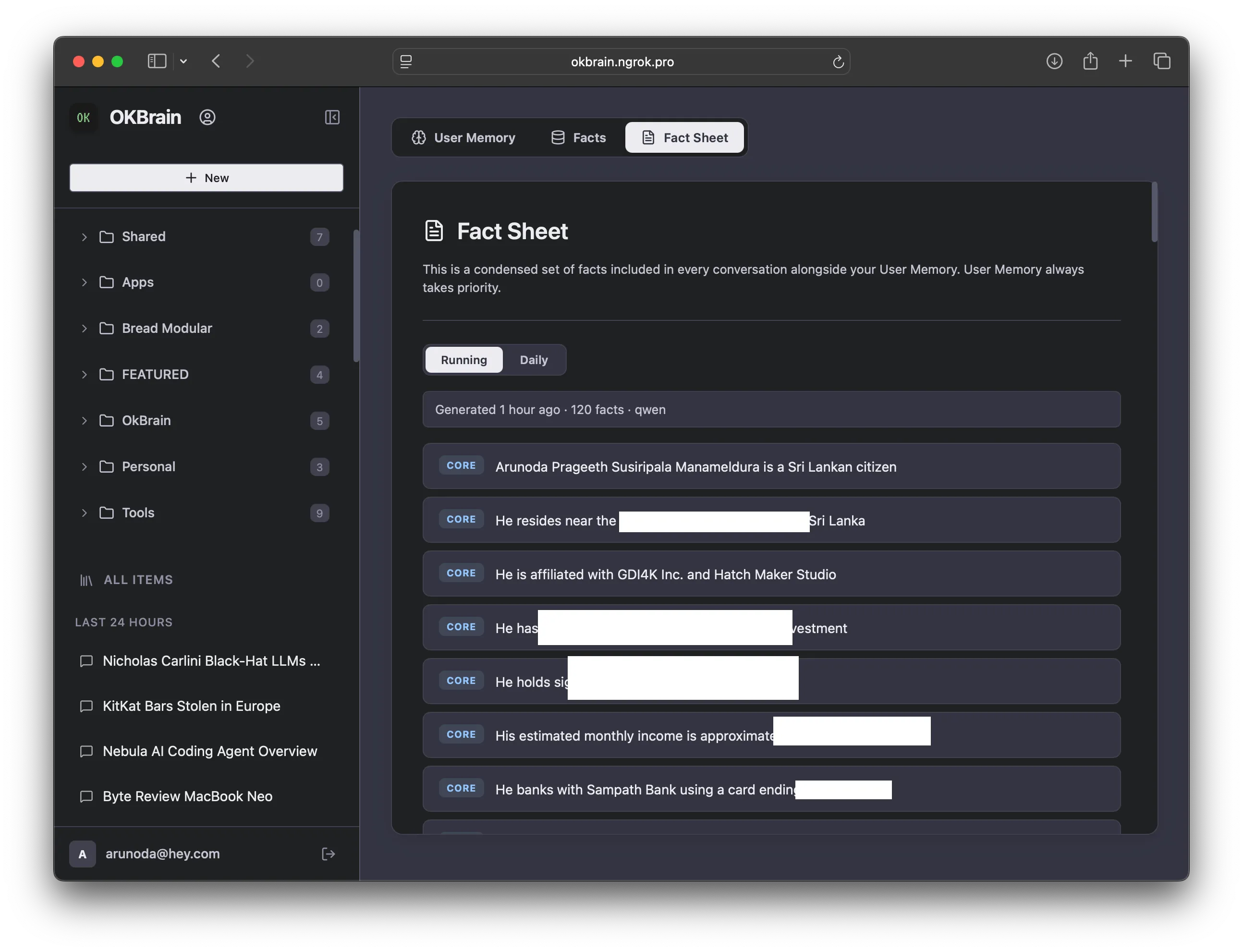 OKBrain fact sheets showing organized personal information