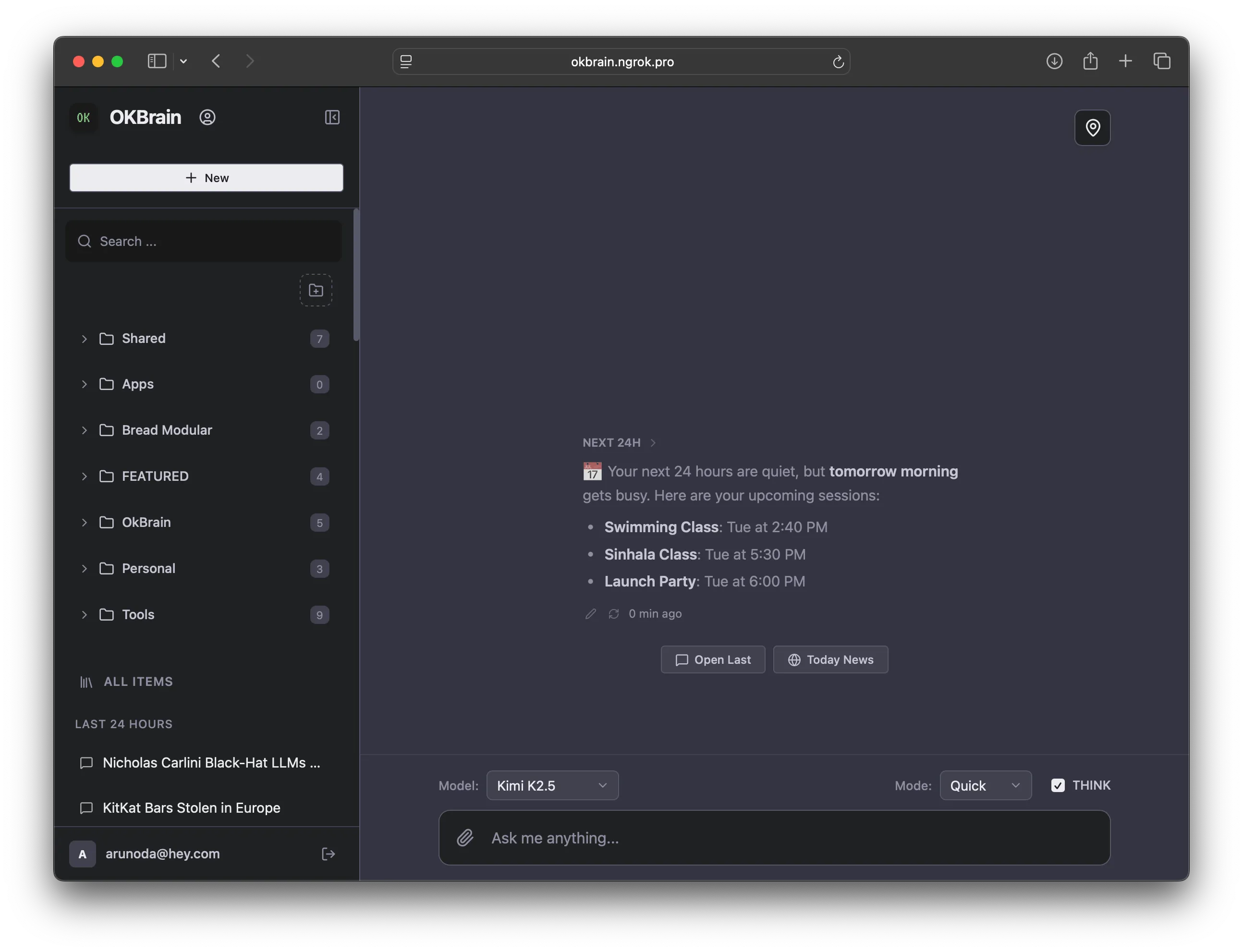 OKBrain Interface showing the dashboard with folders, timeline, and chat interface